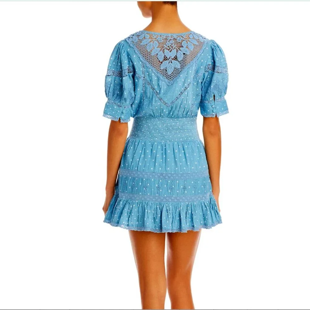 NWT LoveShackFancy Jaislyn blue Cotton Mini Dress - Women's Medium Puff Sleeves - Picture 3 of 9